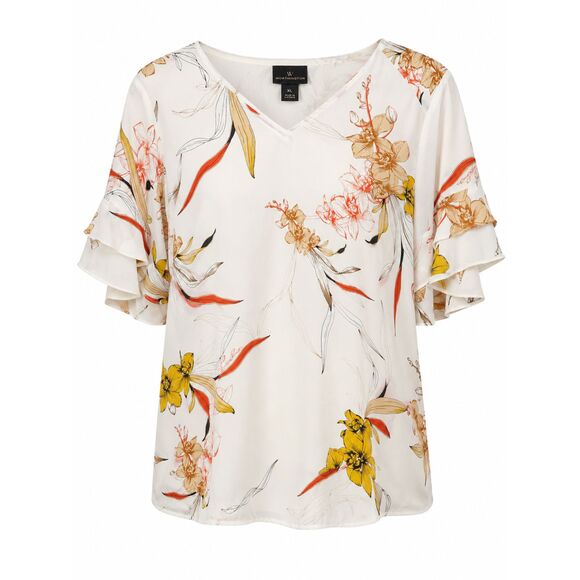 Worthington Tops - Worthington XL Floral Flutter Sleeve Blouse Ivory V Neck Women's Top